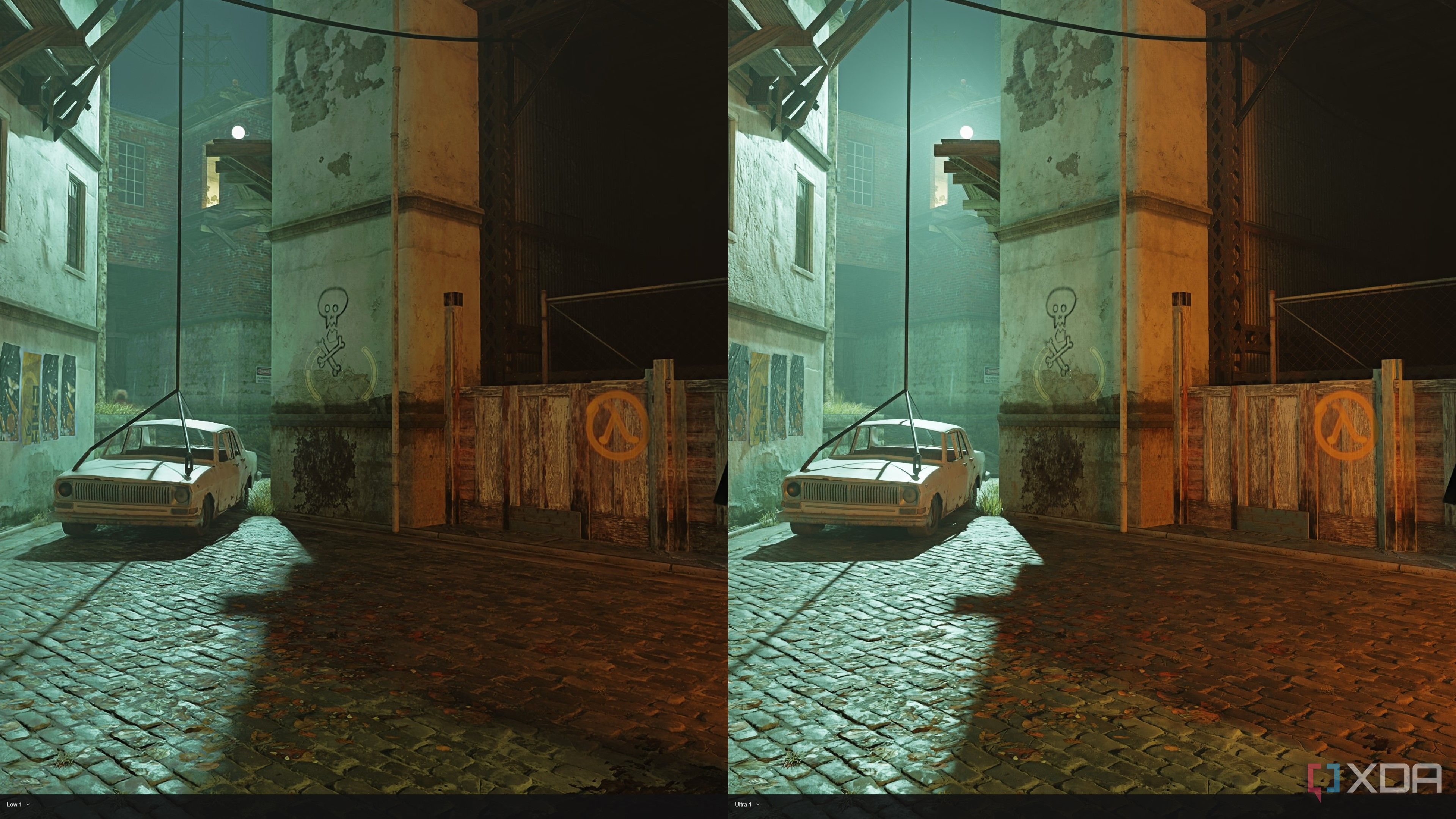 A comparison of lighting quality in Half-Life 2 RTX. 