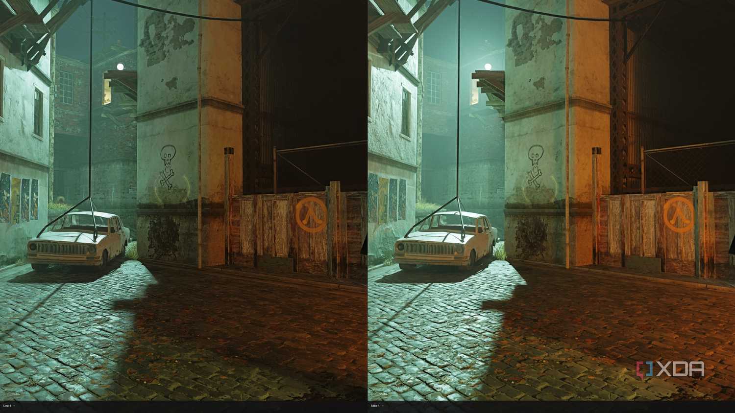 A comparison of lighting quality in Half-Life 2 RTX.