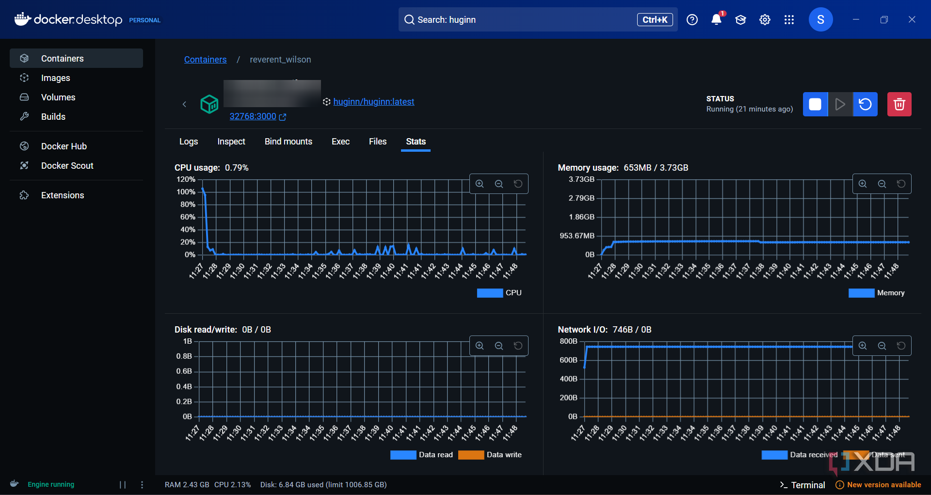 Huginn container network statistics