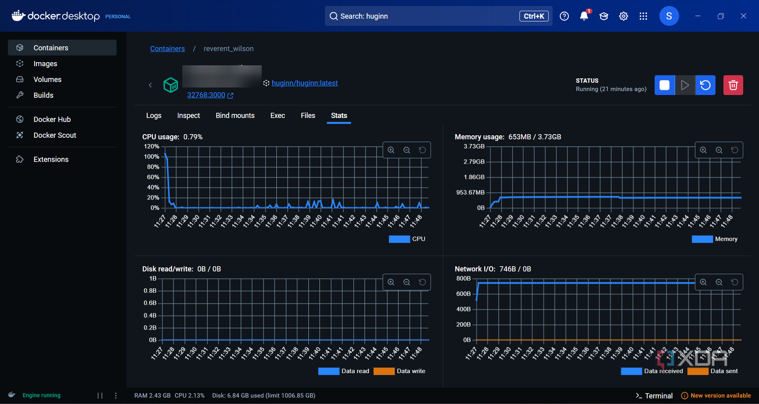 Huginn container network statistics