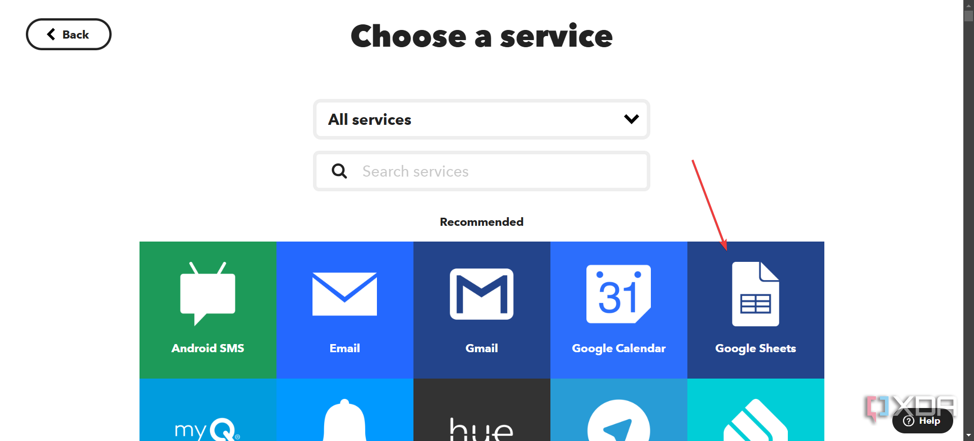 IFTTT choosing Google Sheets as service