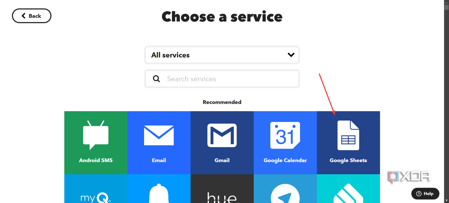 IFTTT choosing Google Sheets as service