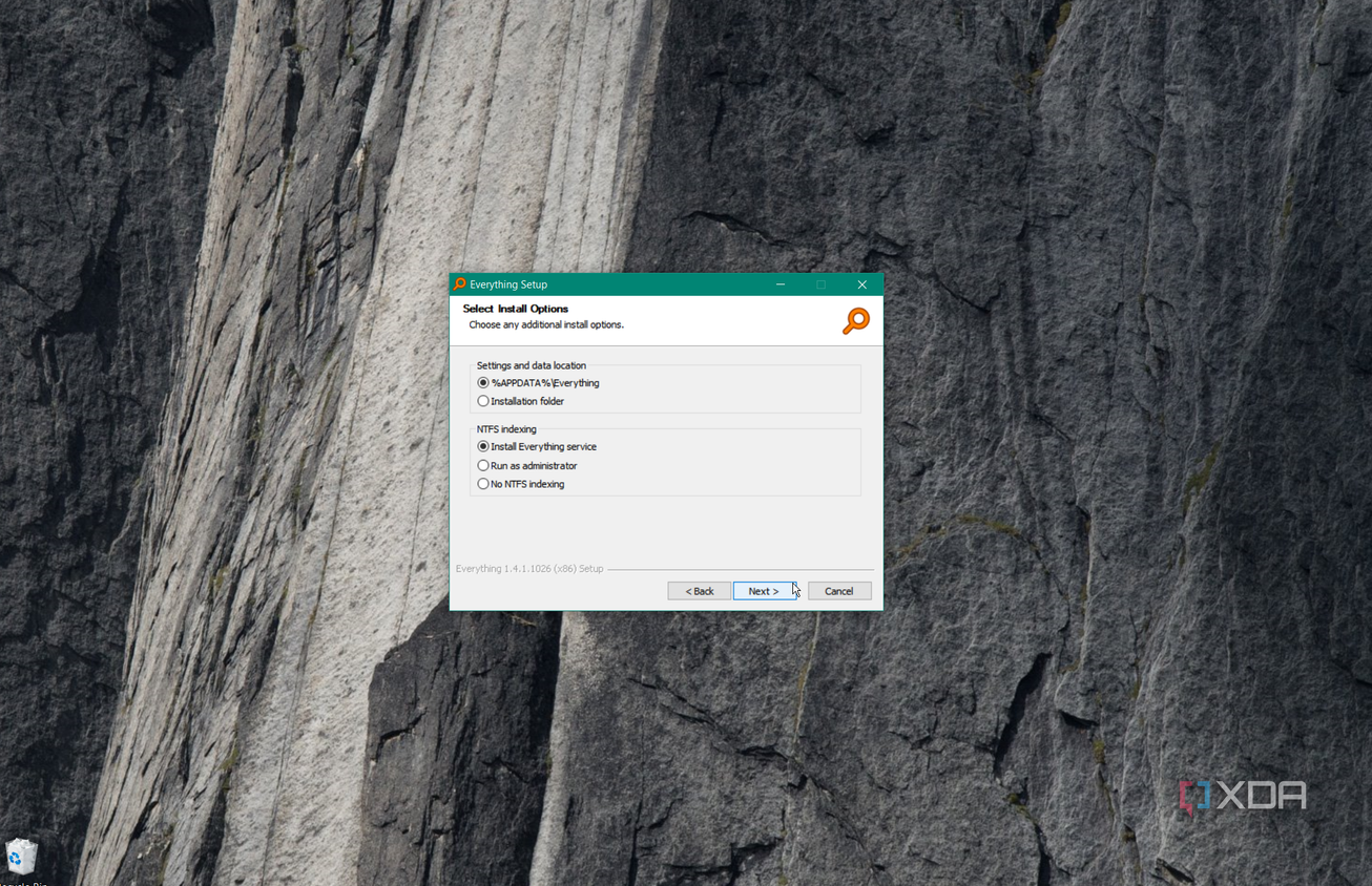 shows installing Everything on Windows with options