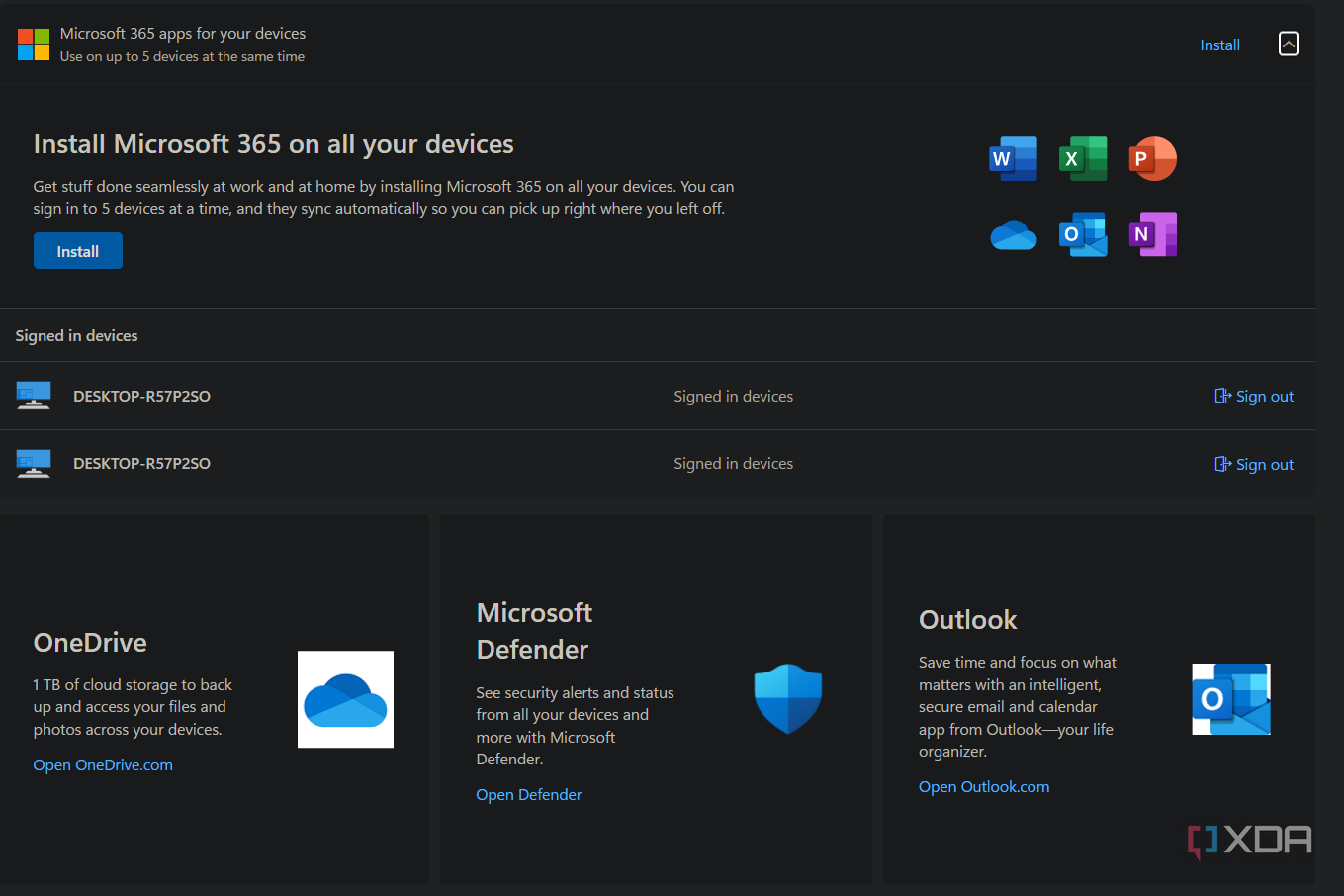 an account menu showing the microsoft 365 install option with various apps