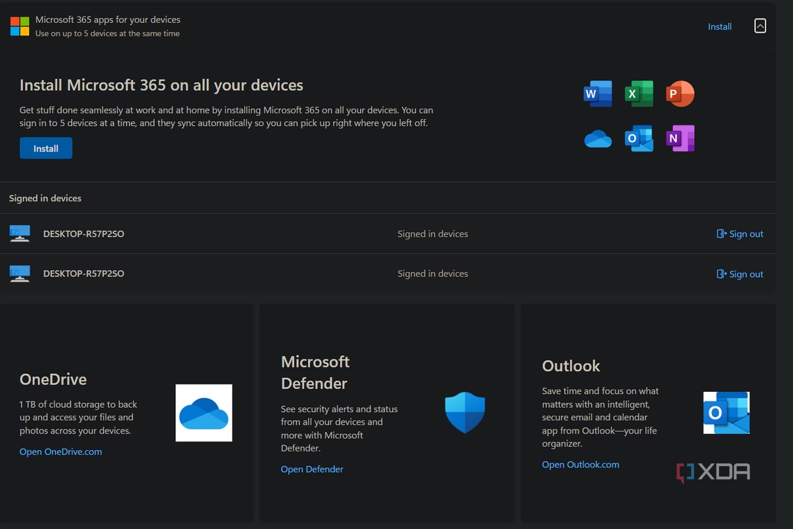 an account menu showing the microsoft 365 install option with various apps