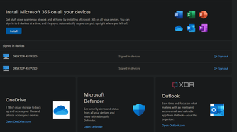 an account menu showing the microsoft 365 install option with various apps