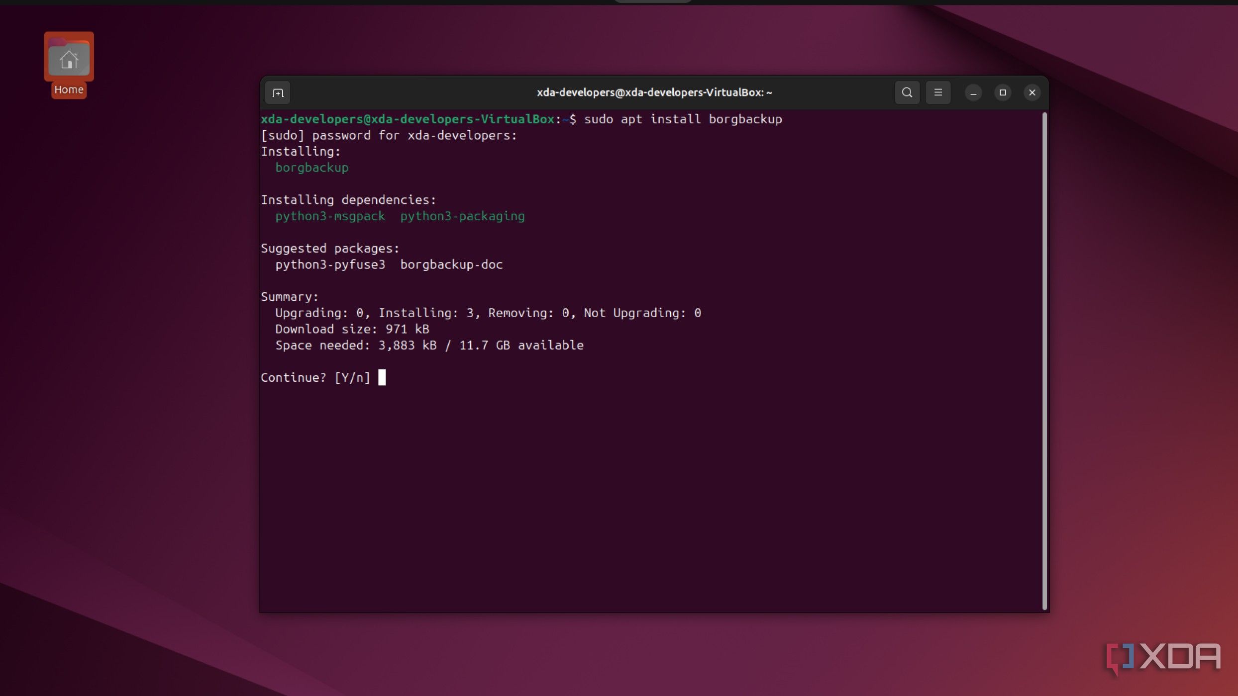 screenshot of linux terminal installing borgbackup
