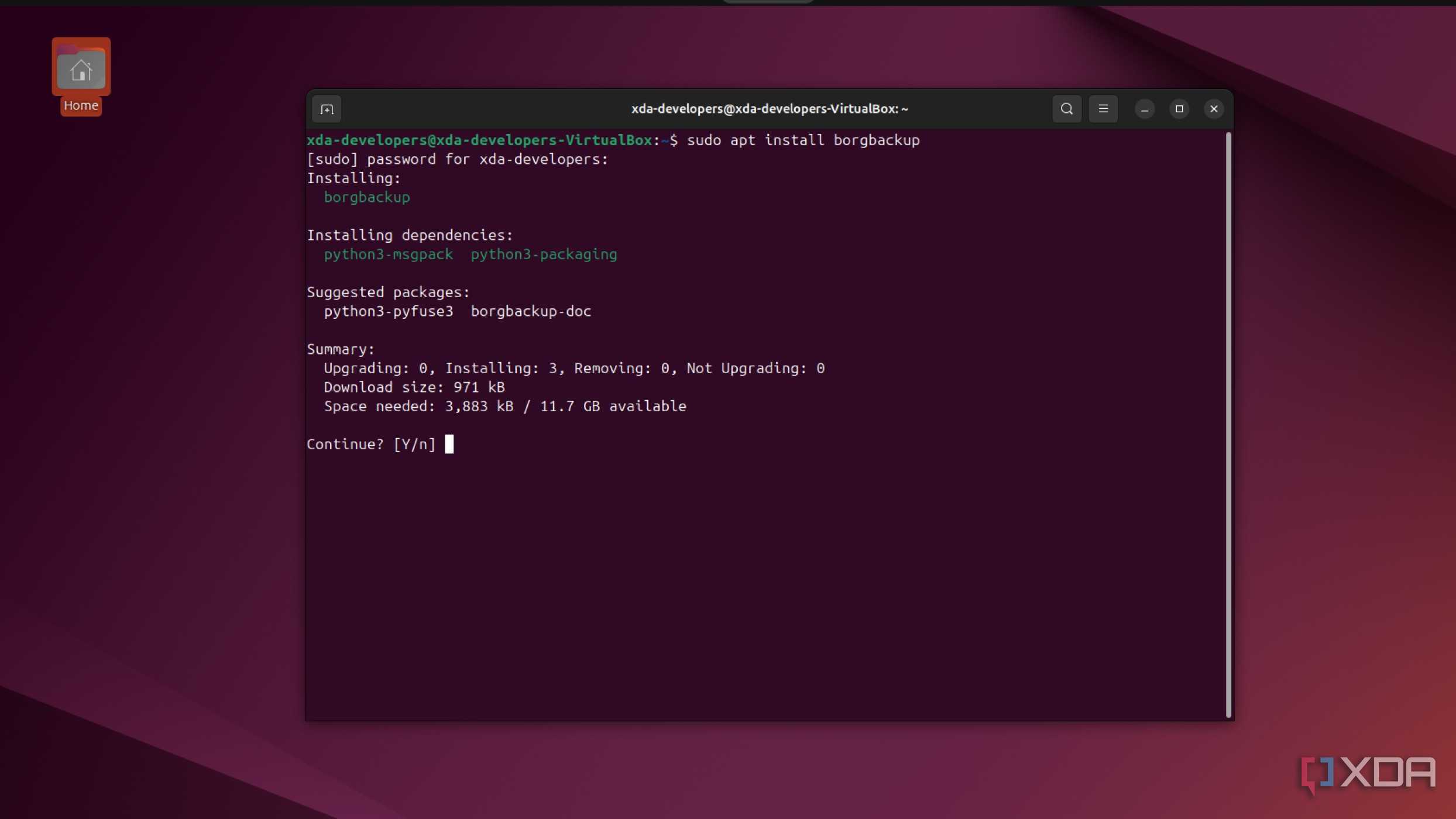 screenshot of linux terminal installing borgbackup