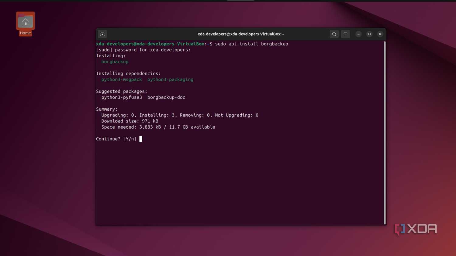 screenshot of linux terminal installing borgbackup
