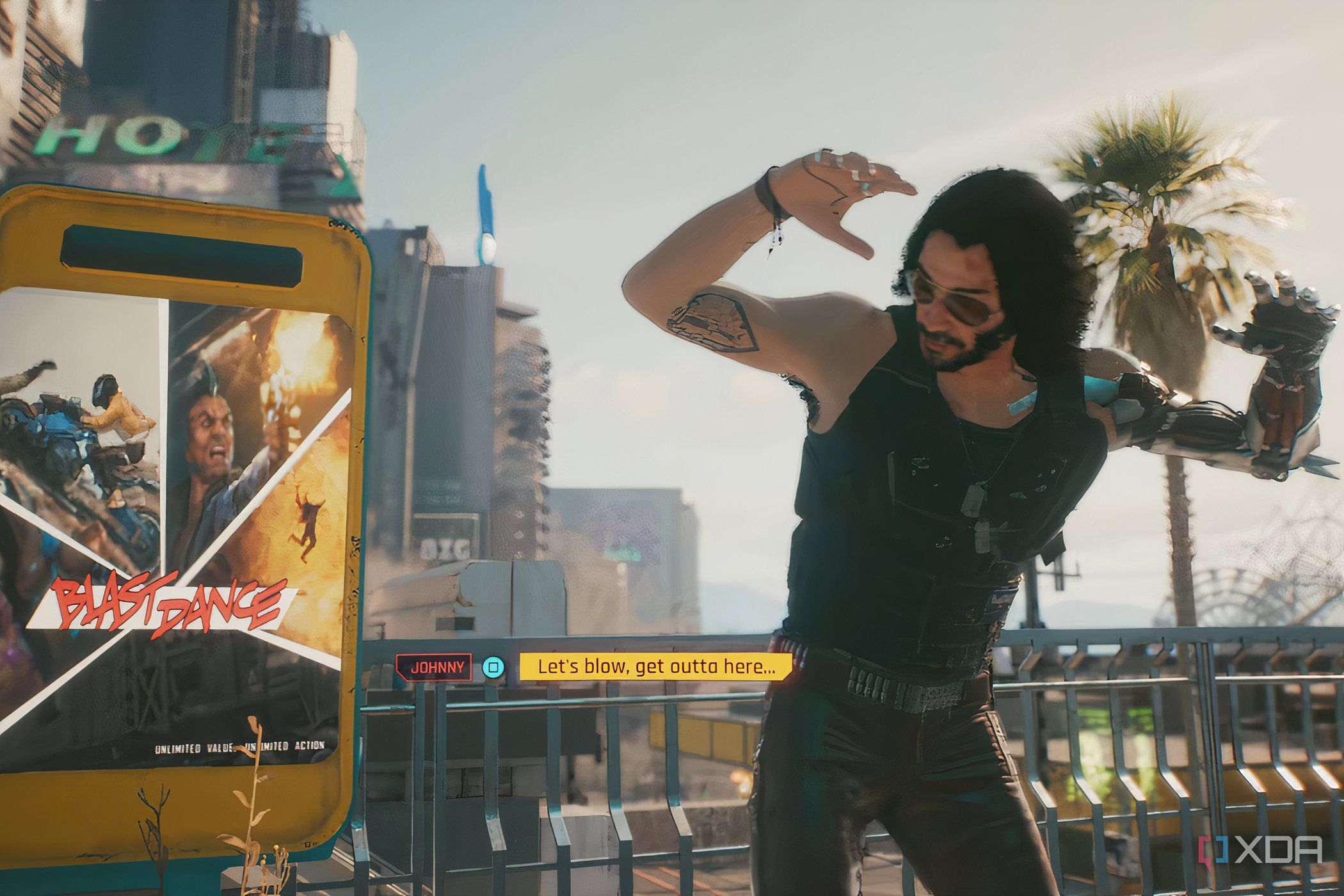 An image from the game "Cyberpunk 2077", showing Johnny Silverhand animatedly talking outside.