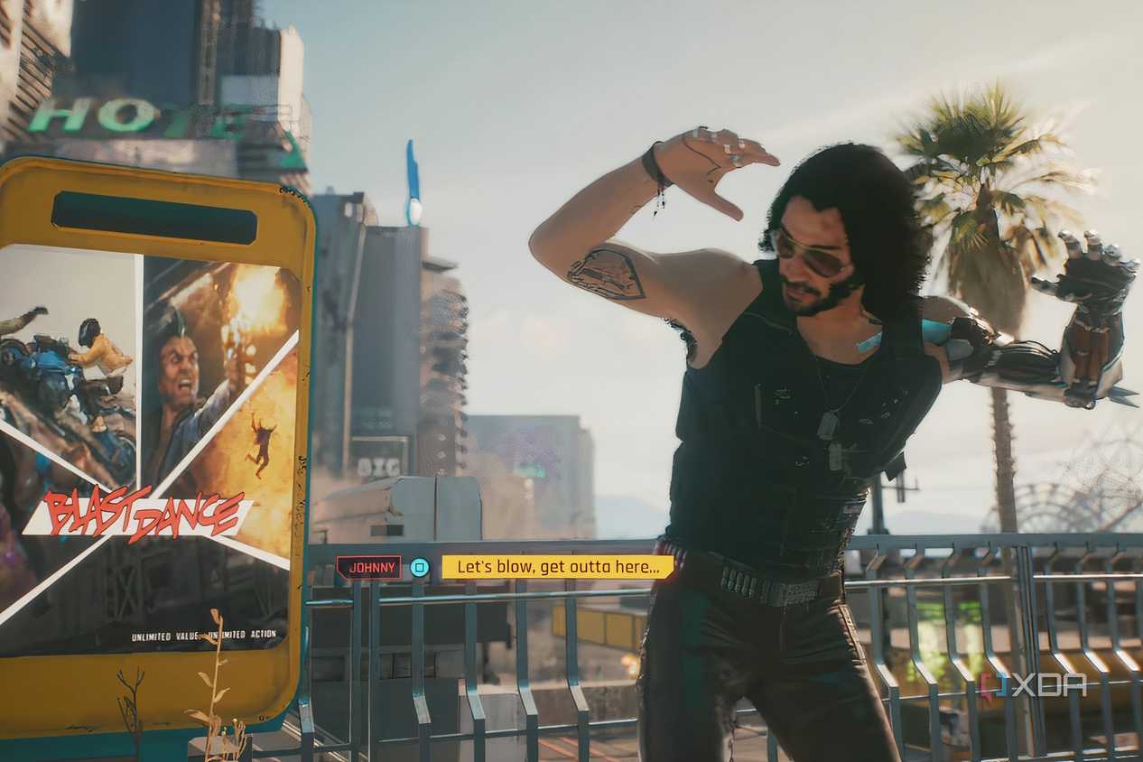 An image from the game "Cyberpunk 2077", showing Johnny Silverhand animatedly talking outside.