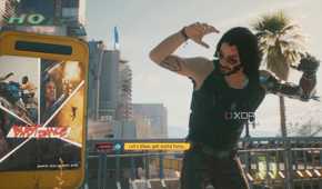 An image from the game "Cyberpunk 2077", showing Johnny Silverhand animatedly talking outside.
