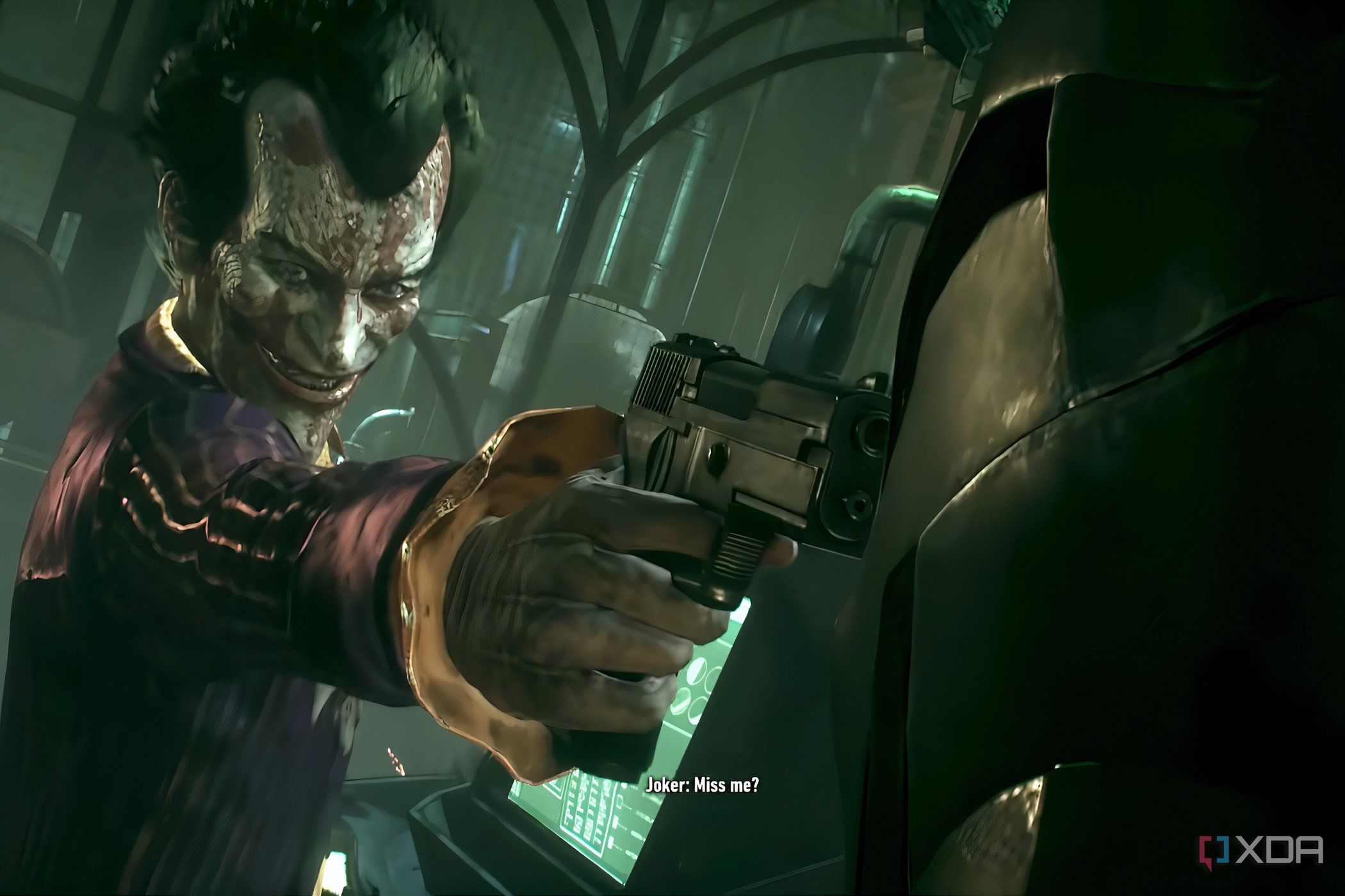 A screenshot from the game "Arkham Knight", showing the Joker pointing a gun.