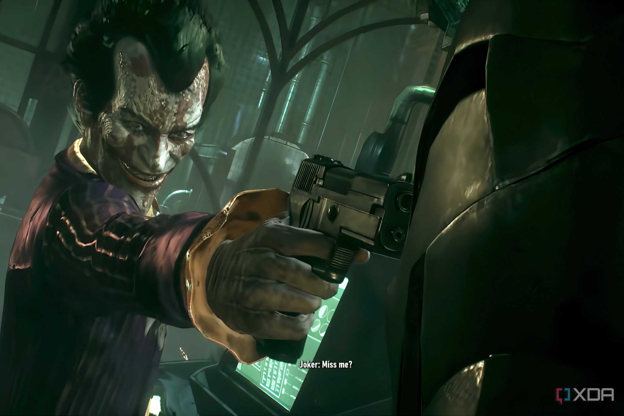 A screenshot from the game "Arkham Knight", showing the Joker pointing a gun.