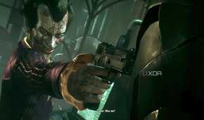 A screenshot from the game "Arkham Knight", showing the Joker pointing a gun.