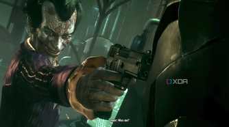 A screenshot from the game "Arkham Knight", showing the Joker pointing a gun.