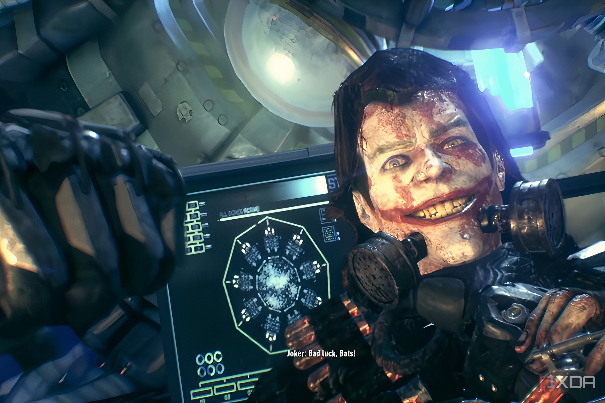 An image from the game "Batman: Arkham Knight", showing the Joker wearing the Scarecrow's disguise.