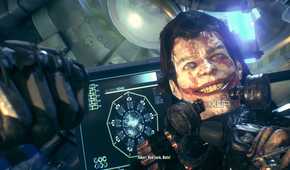 An image from the game "Batman: Arkham Knight", showing the Joker wearing the Scarecrow's disguise.