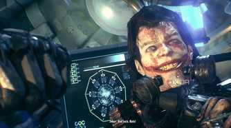 An image from the game "Batman: Arkham Knight", showing the Joker wearing the Scarecrow's disguise.