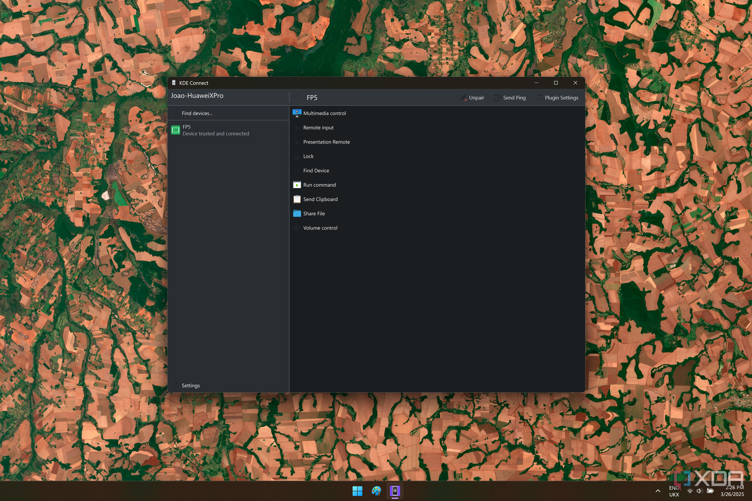 Screenshot of KDE Connect showing a list of available features for a connected device