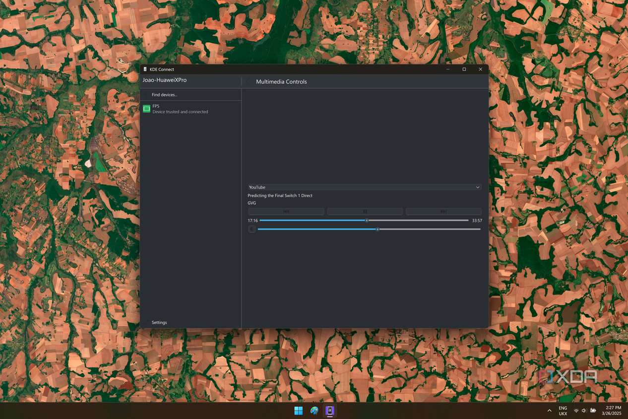 Screenshot of KDE connect on Windows 11 showing multimedia controls for a connected phone