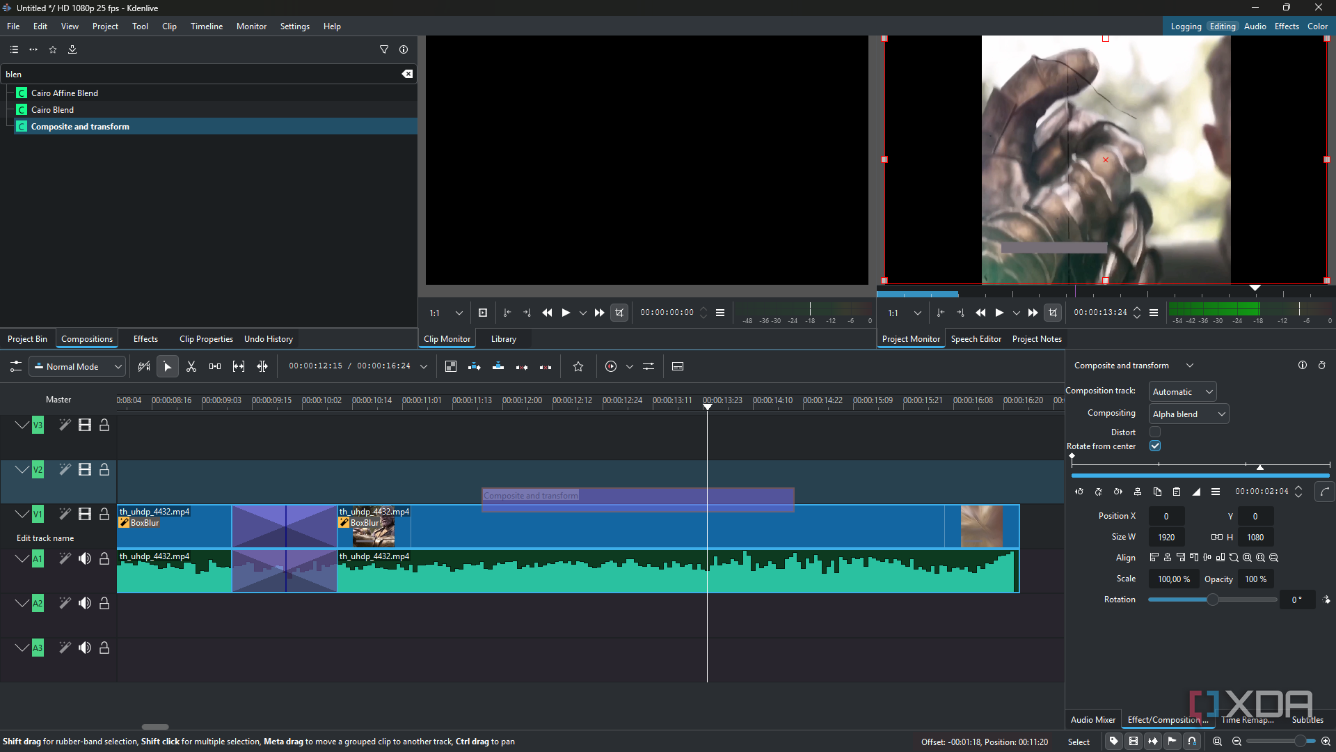 Kdenlive adding and editing composite and transform