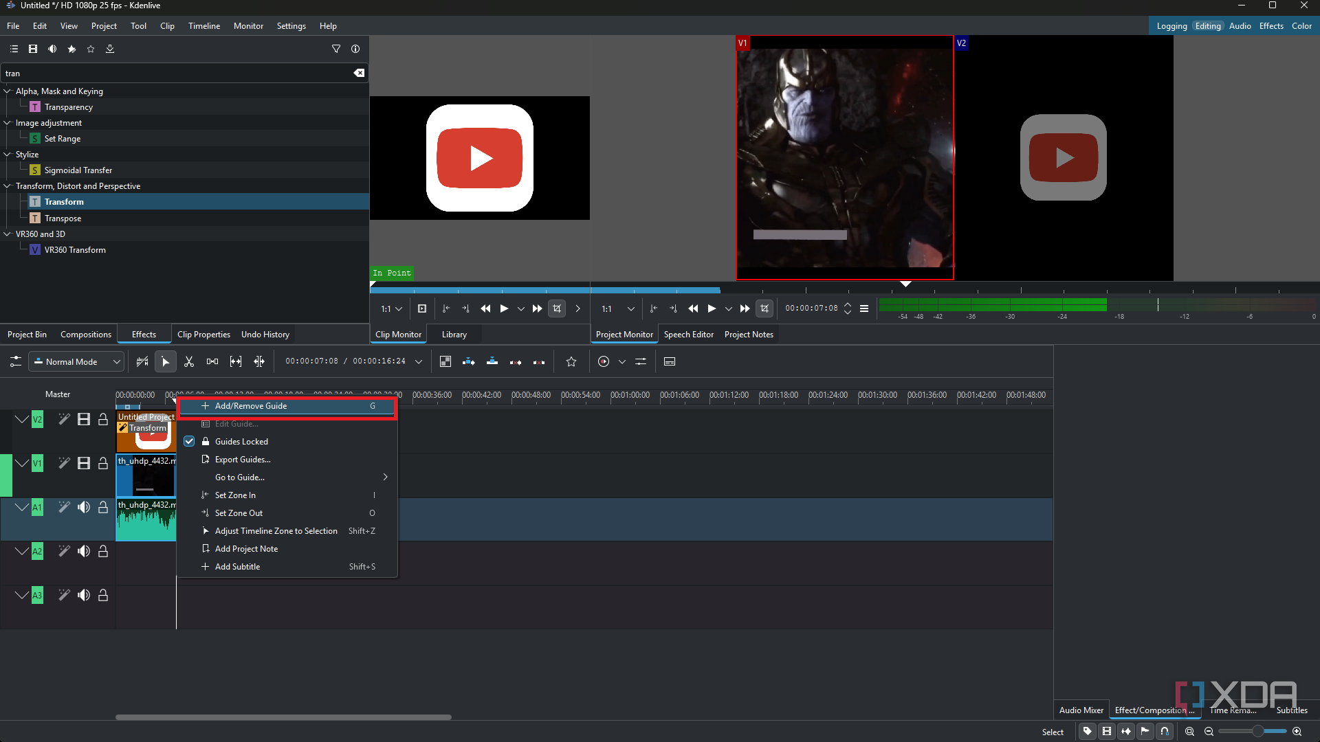 Kdenlive adding guides to simplify multi-track