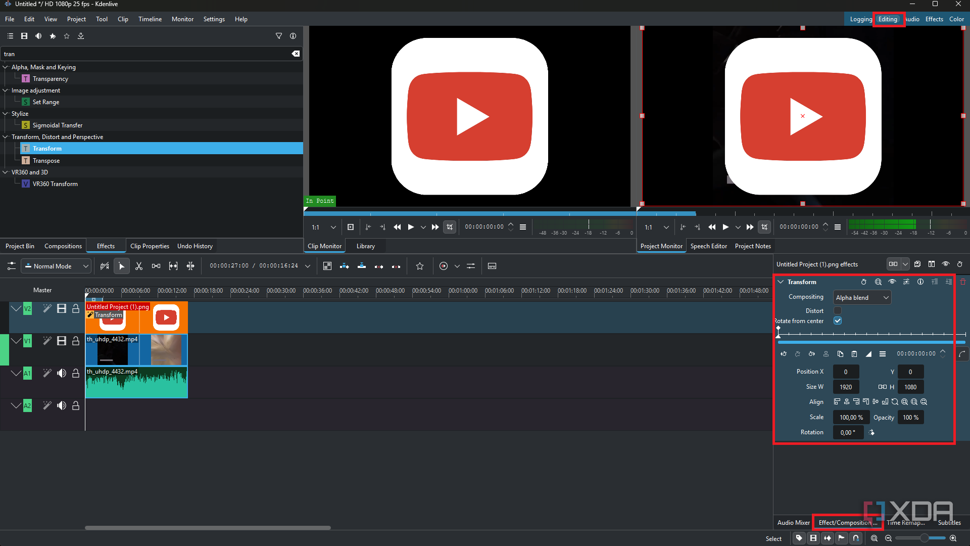 Kdenlive adding transform effect to clip