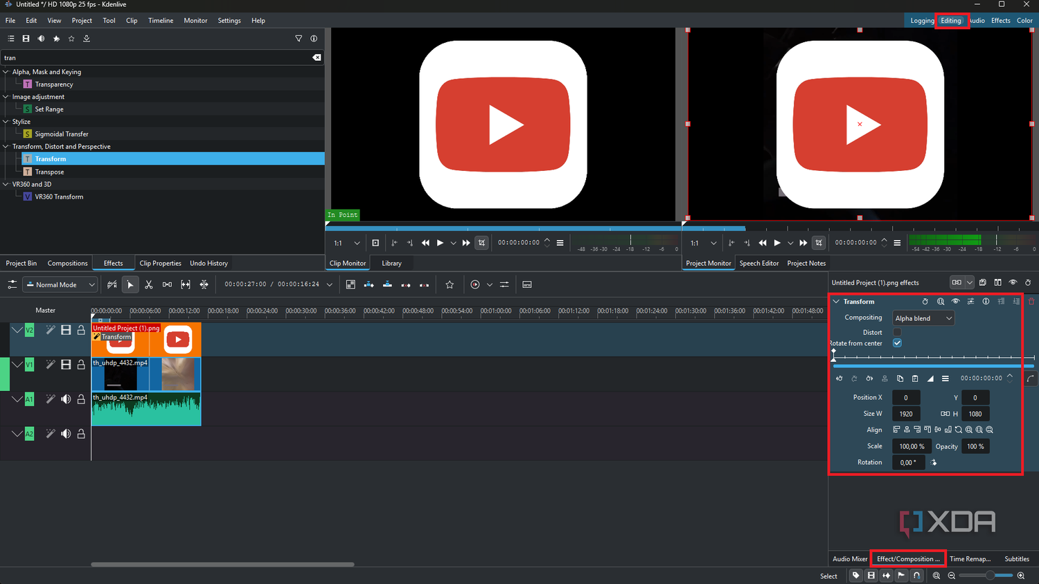 Kdenlive adding transform effect to clip