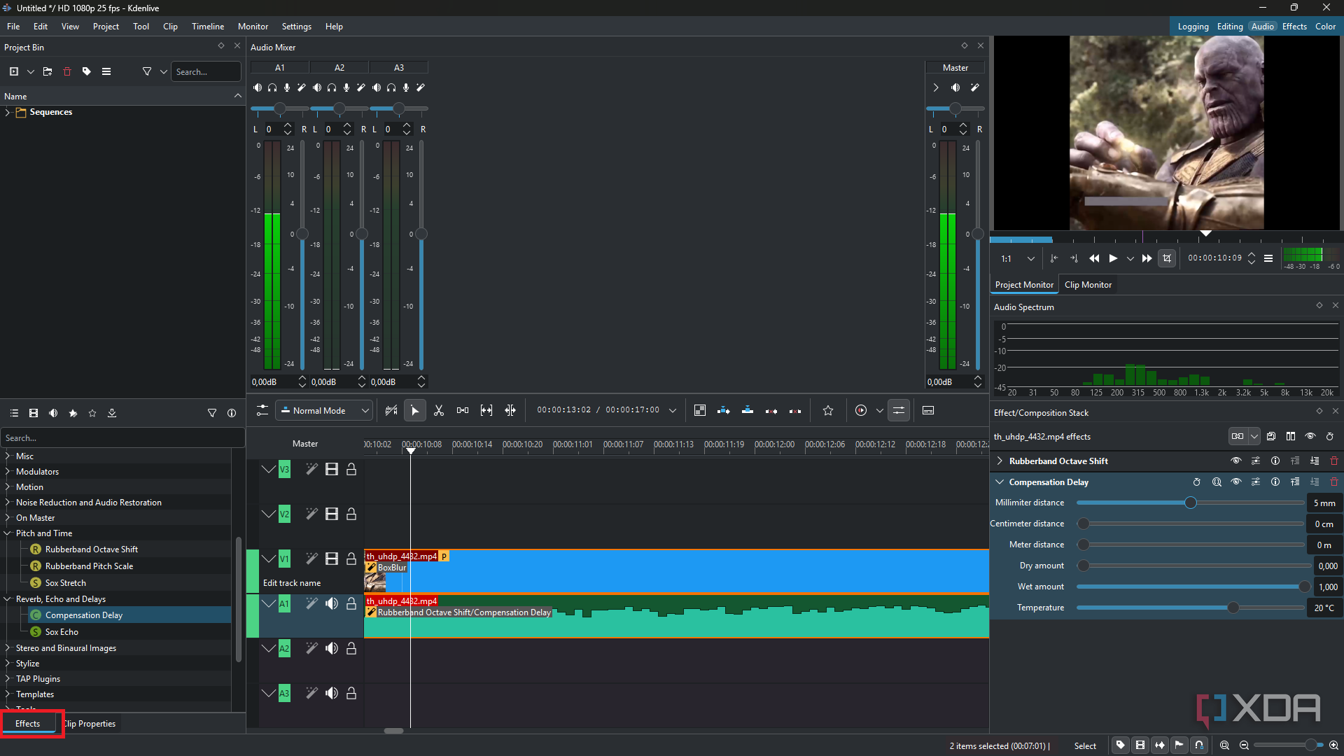 Kdenlive applying delay to audio clip