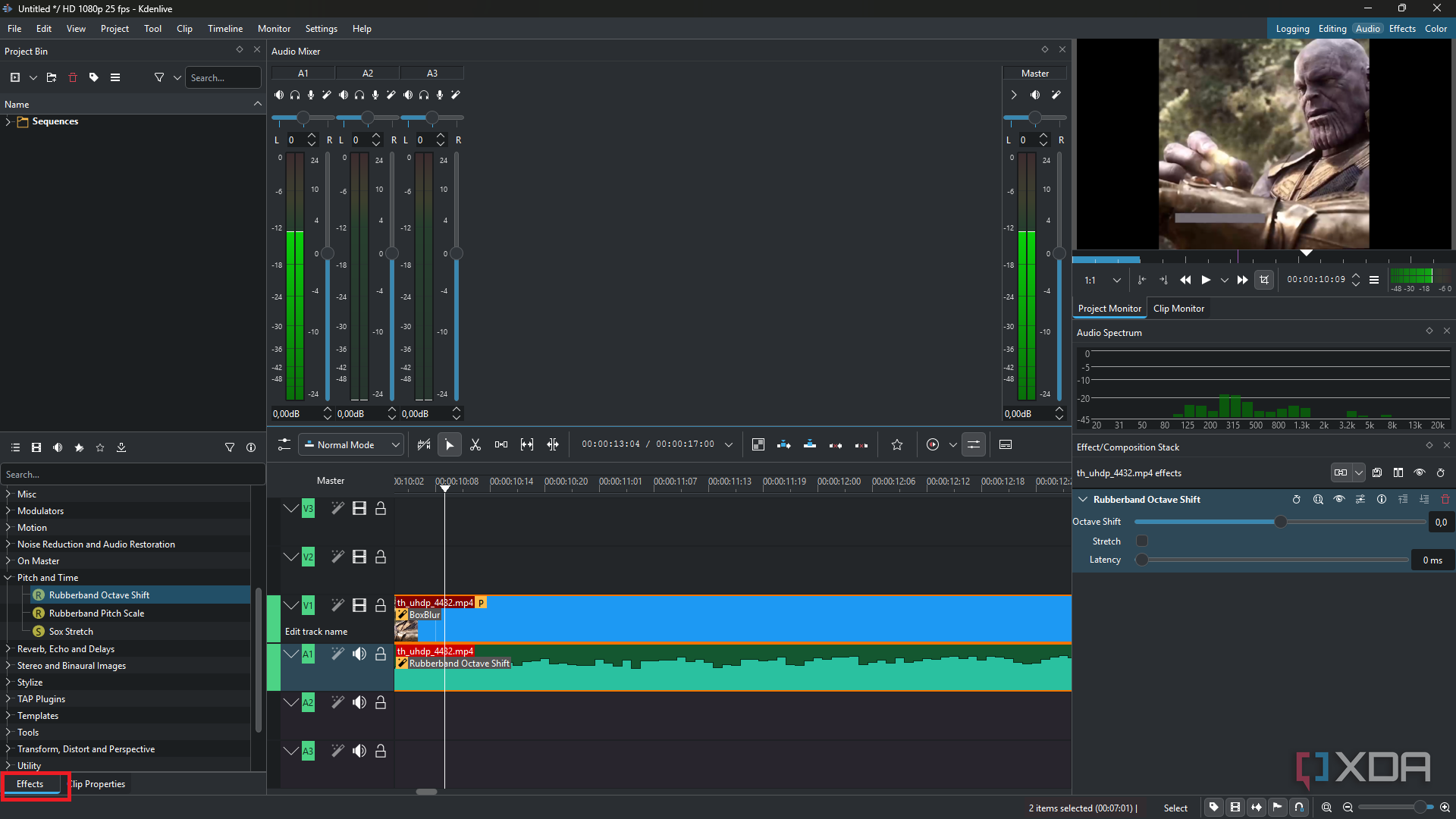 Kdenlive applying octave shift to audio clip