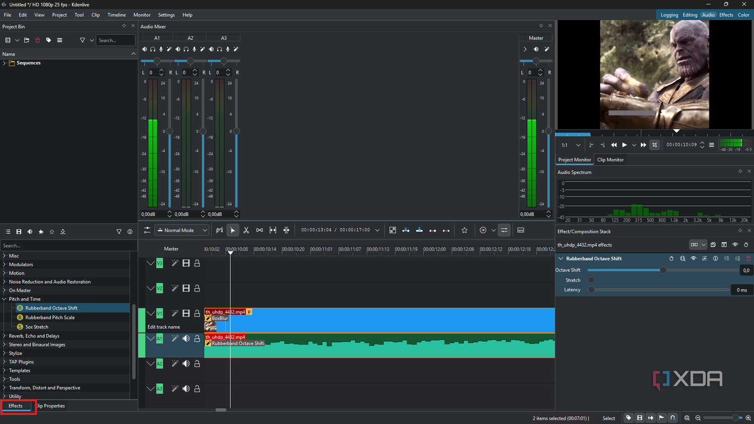 Kdenlive applying octave shift to audio clip