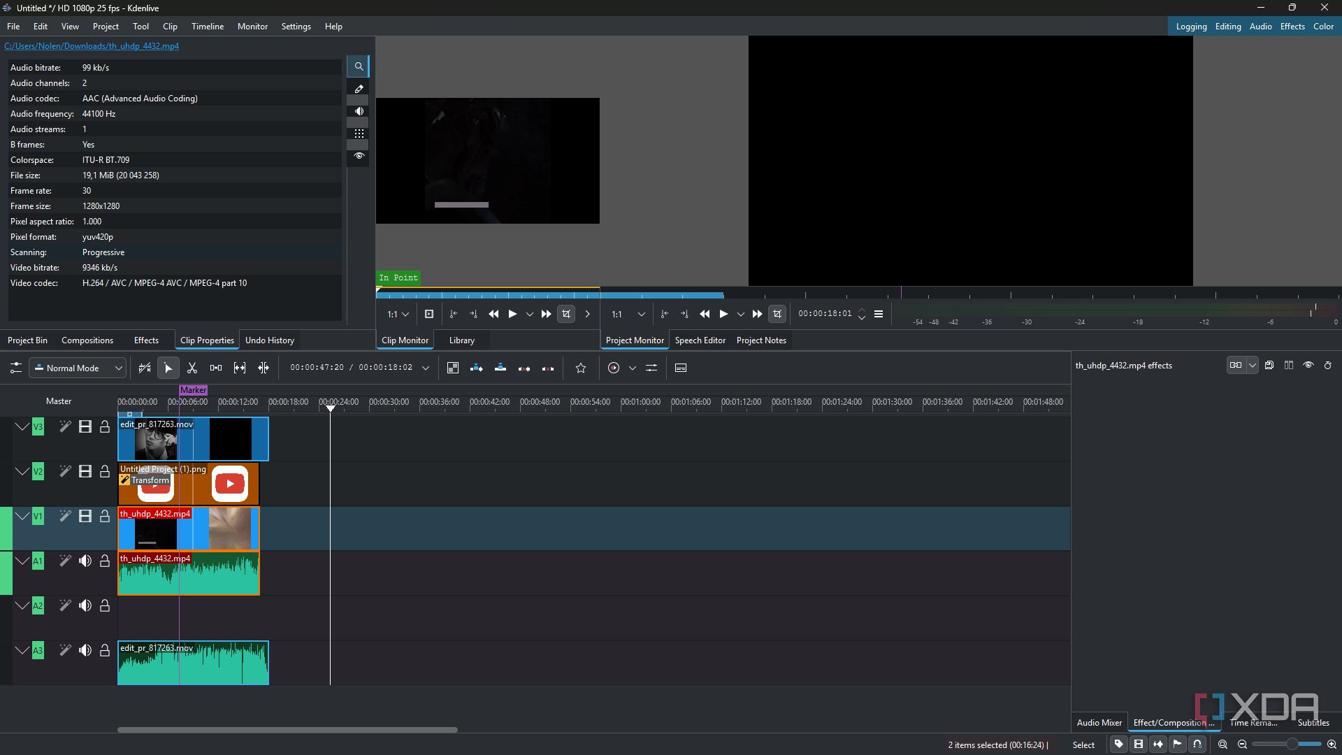 Kdenlive clip properties