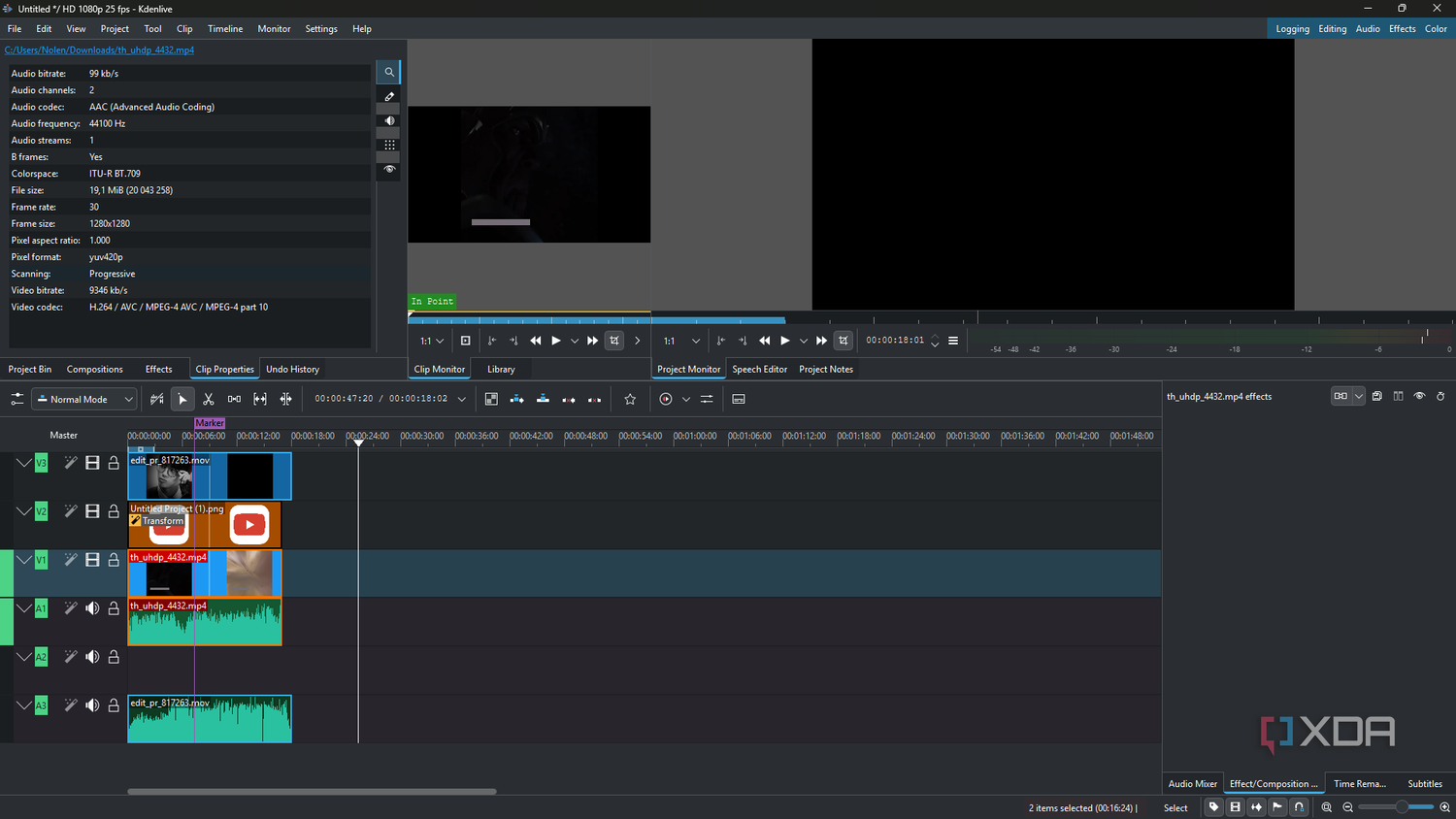 Kdenlive clip properties