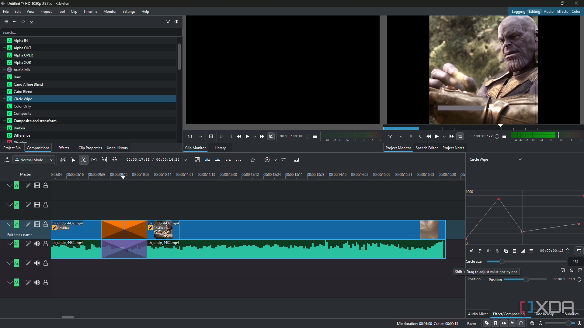 Kdenlive editing Circle Wipe transition