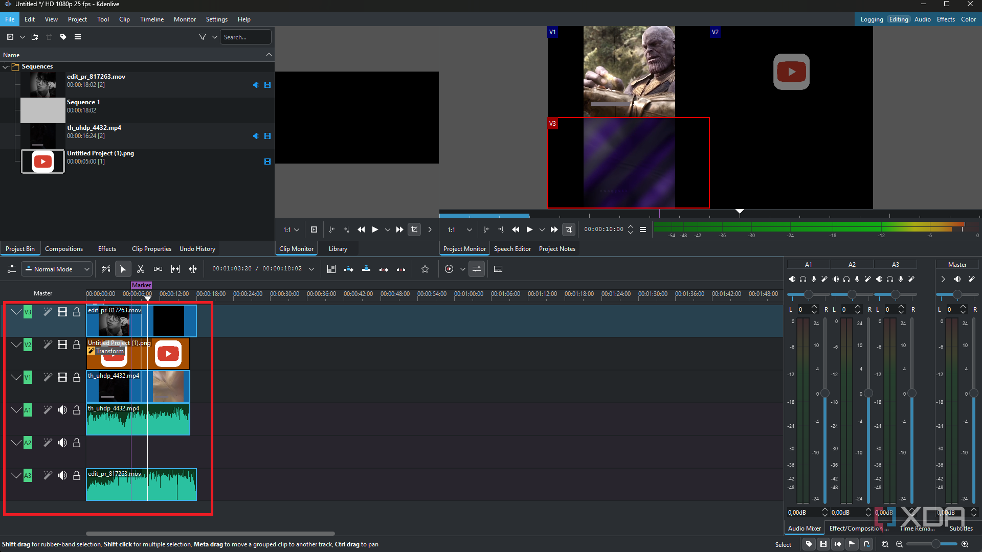 Kdenlive multi-format tracks on timeline