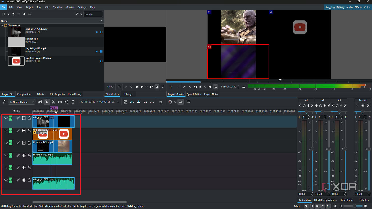 Kdenlive multi-format tracks on timeline