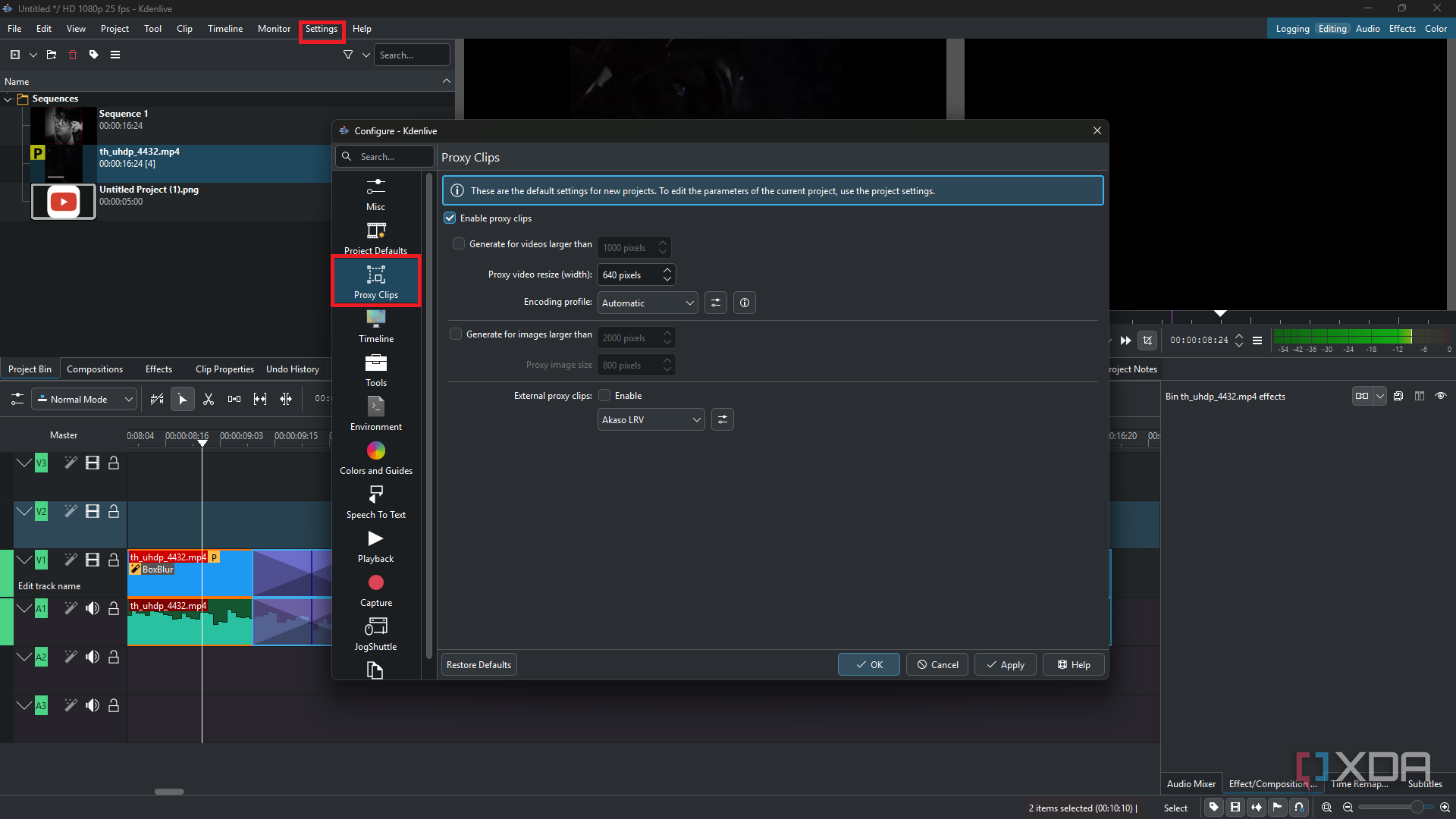 Kdenlive Proxy clip settings