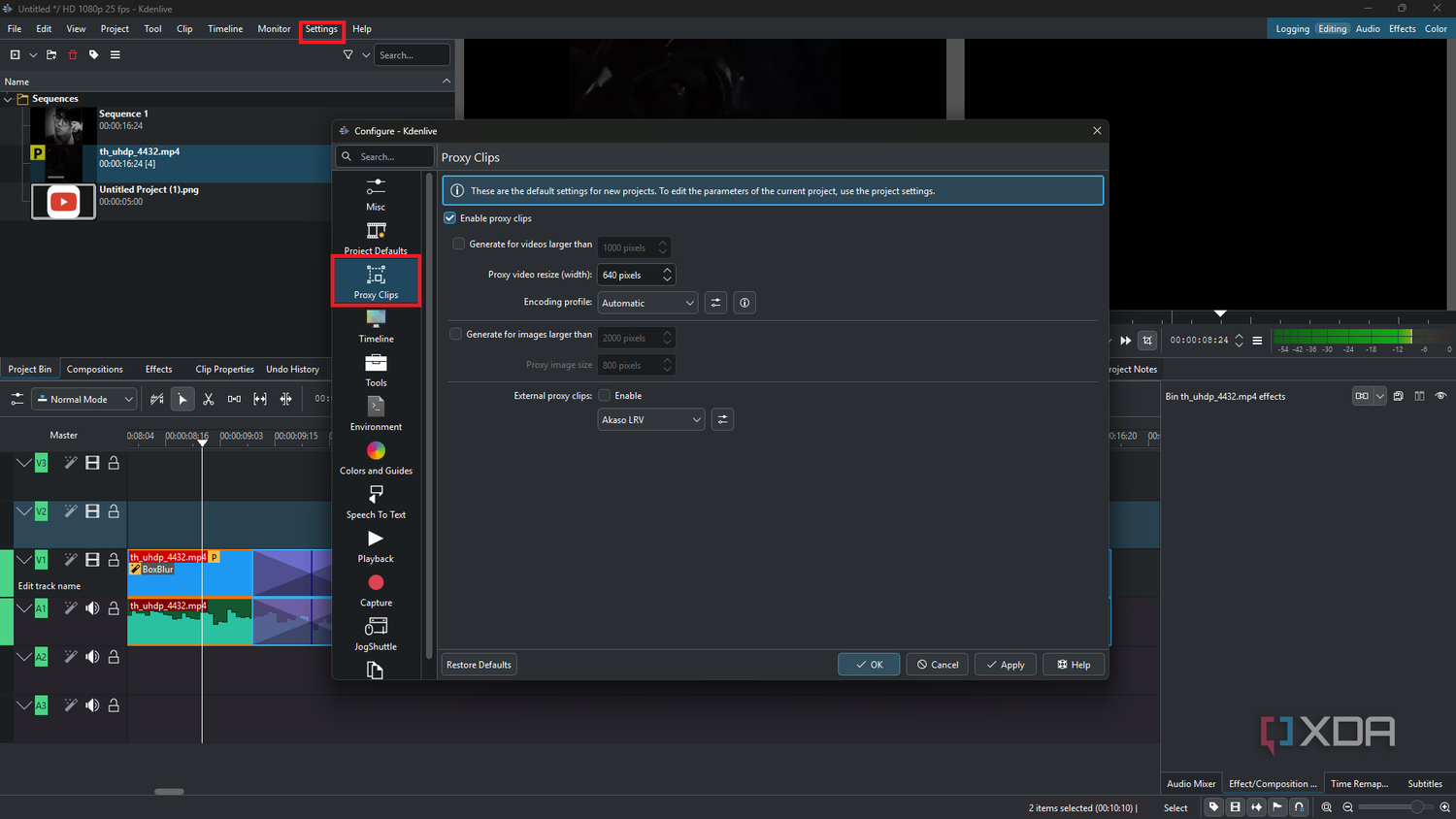 Kdenlive Proxy clip settings