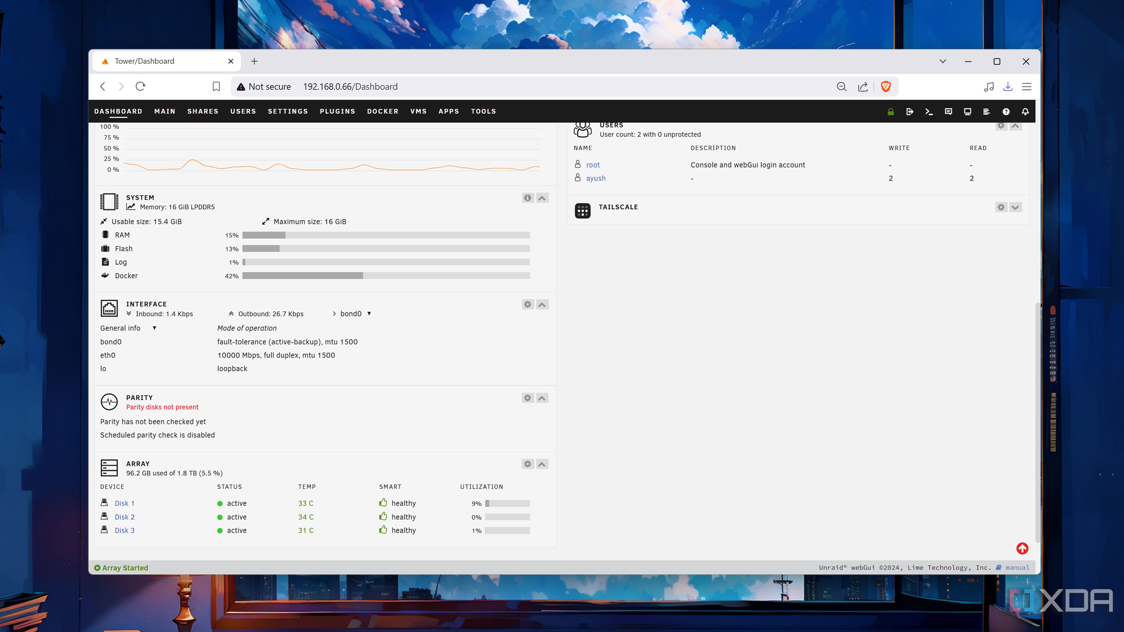 The Dashboard tab in Unraid