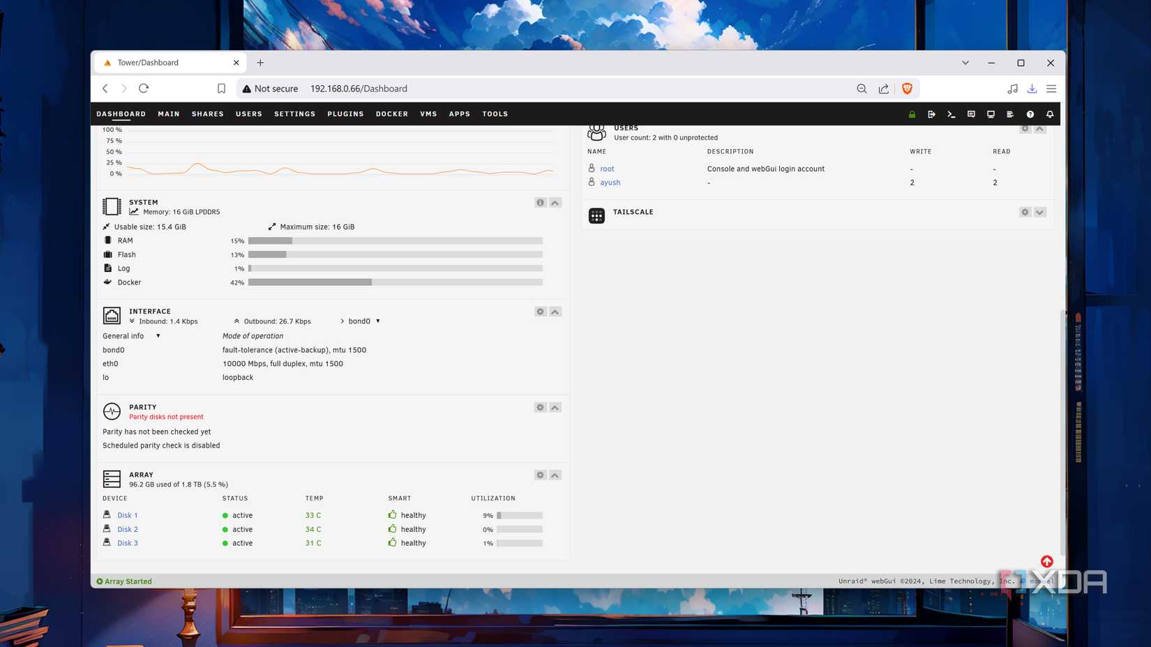 La pestaña Panel de control en Unraid
