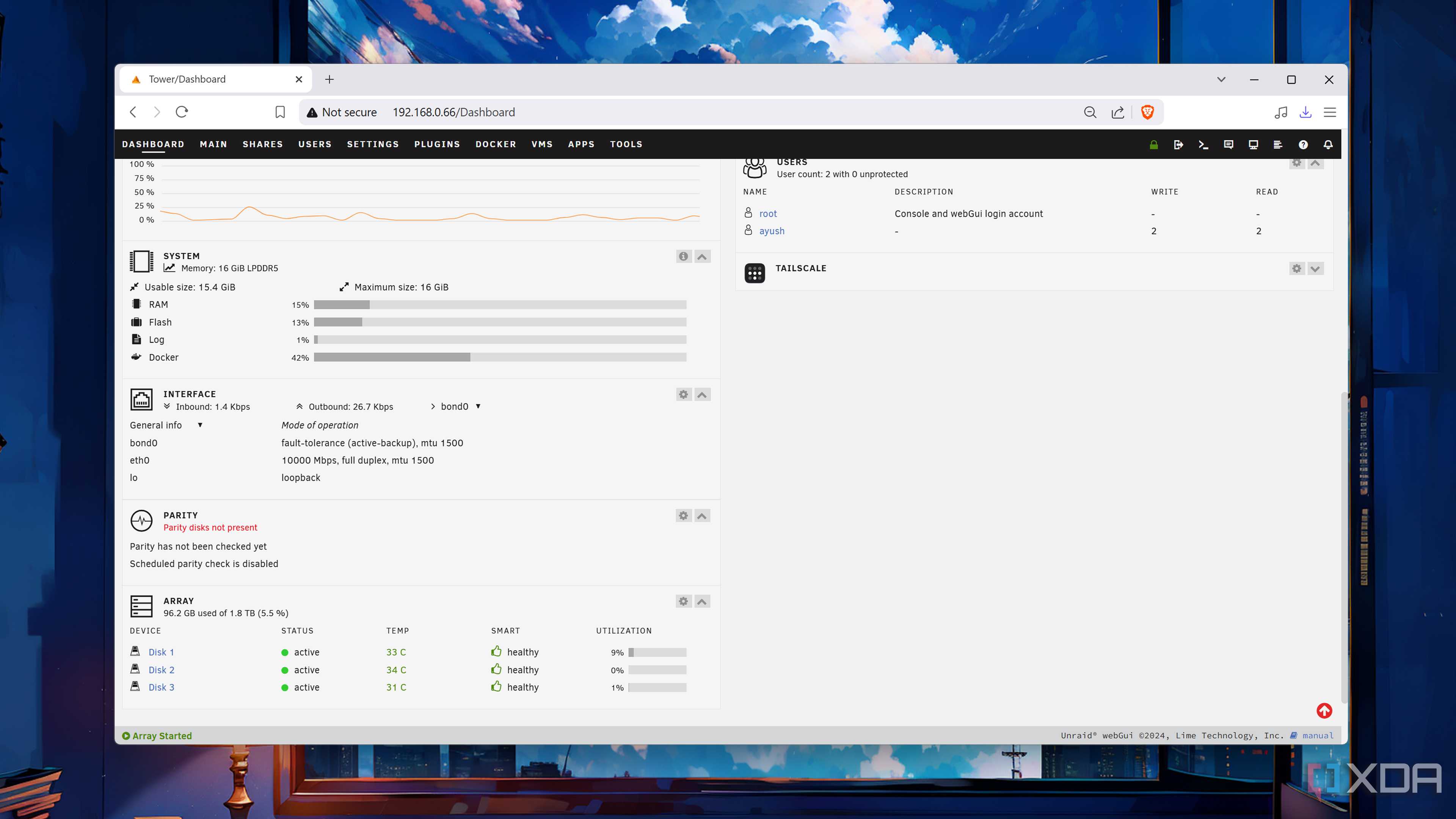 The Dashboard tab in Unraid