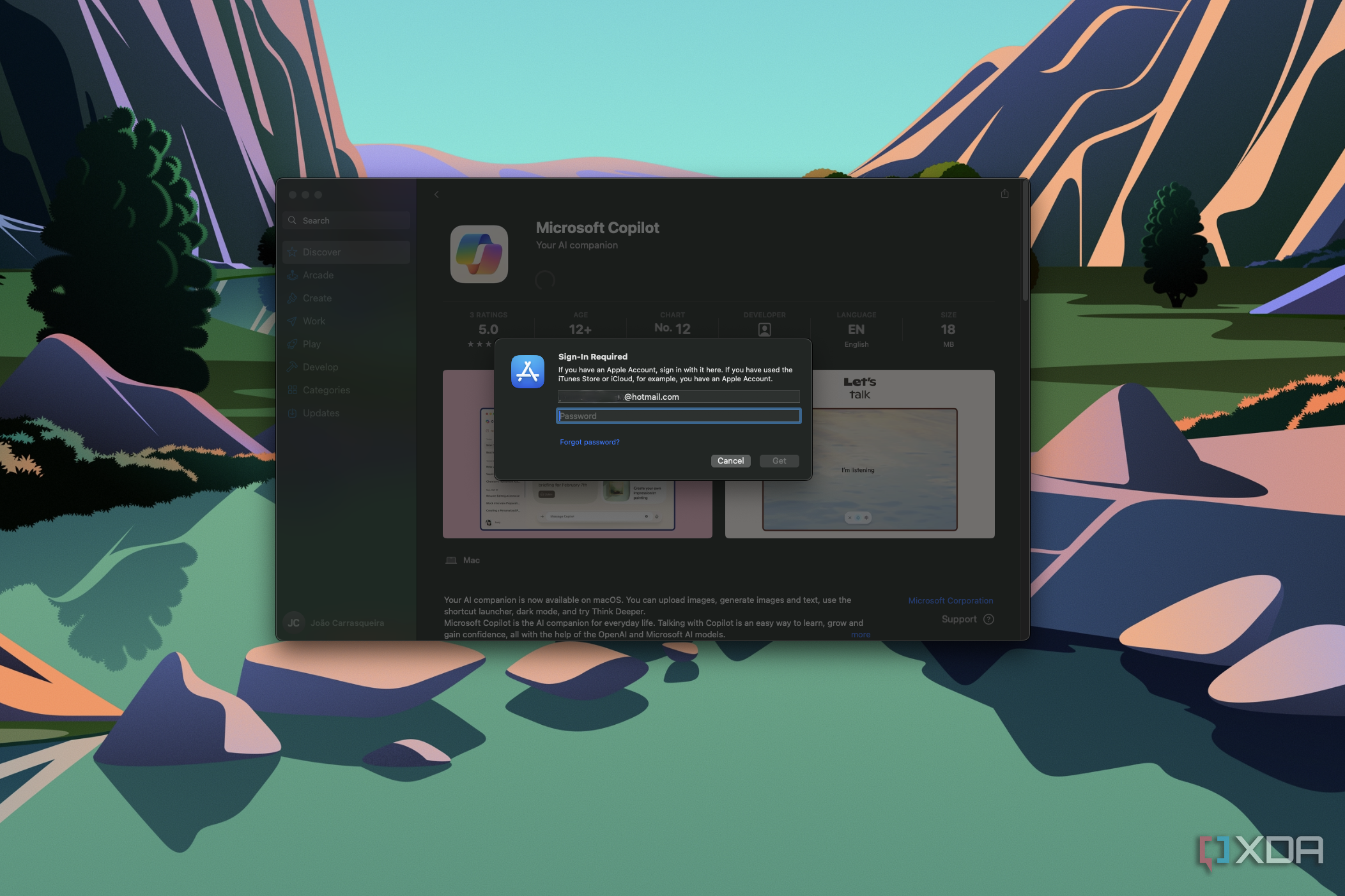 Screenshot of macOS asking for an Apple Account password to install an app from the App Store