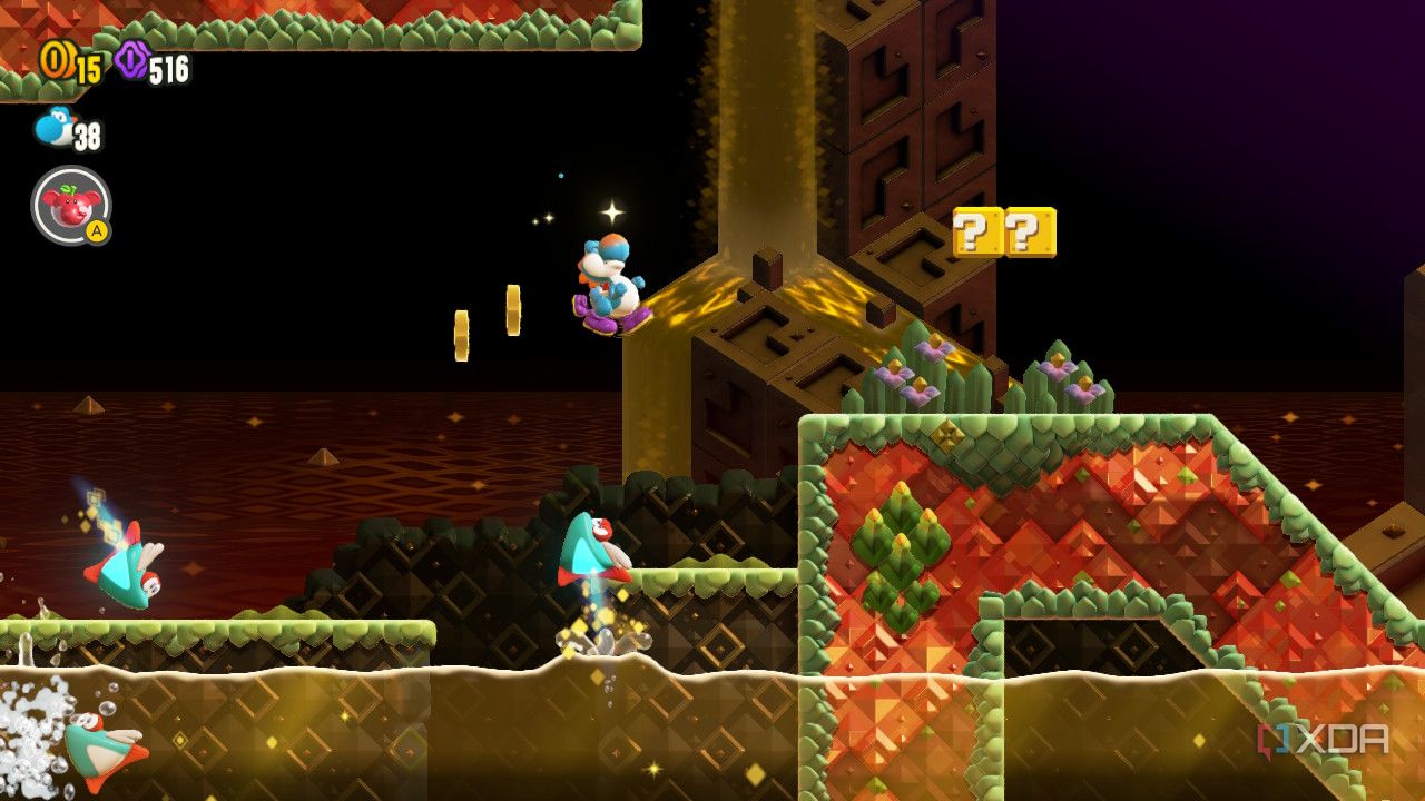 Blue Yoshi jumping to ledge Super Mario Brothers Wonder