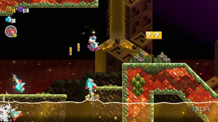 Blue Yoshi jumping to ledge Super Mario Brothers Wonder