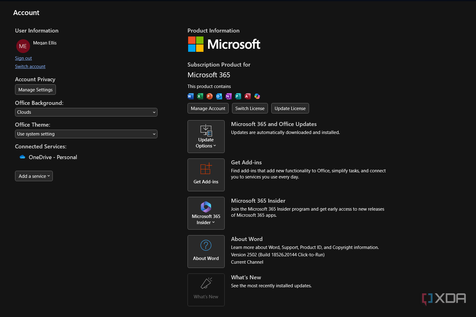 microsoft 365 account information in word