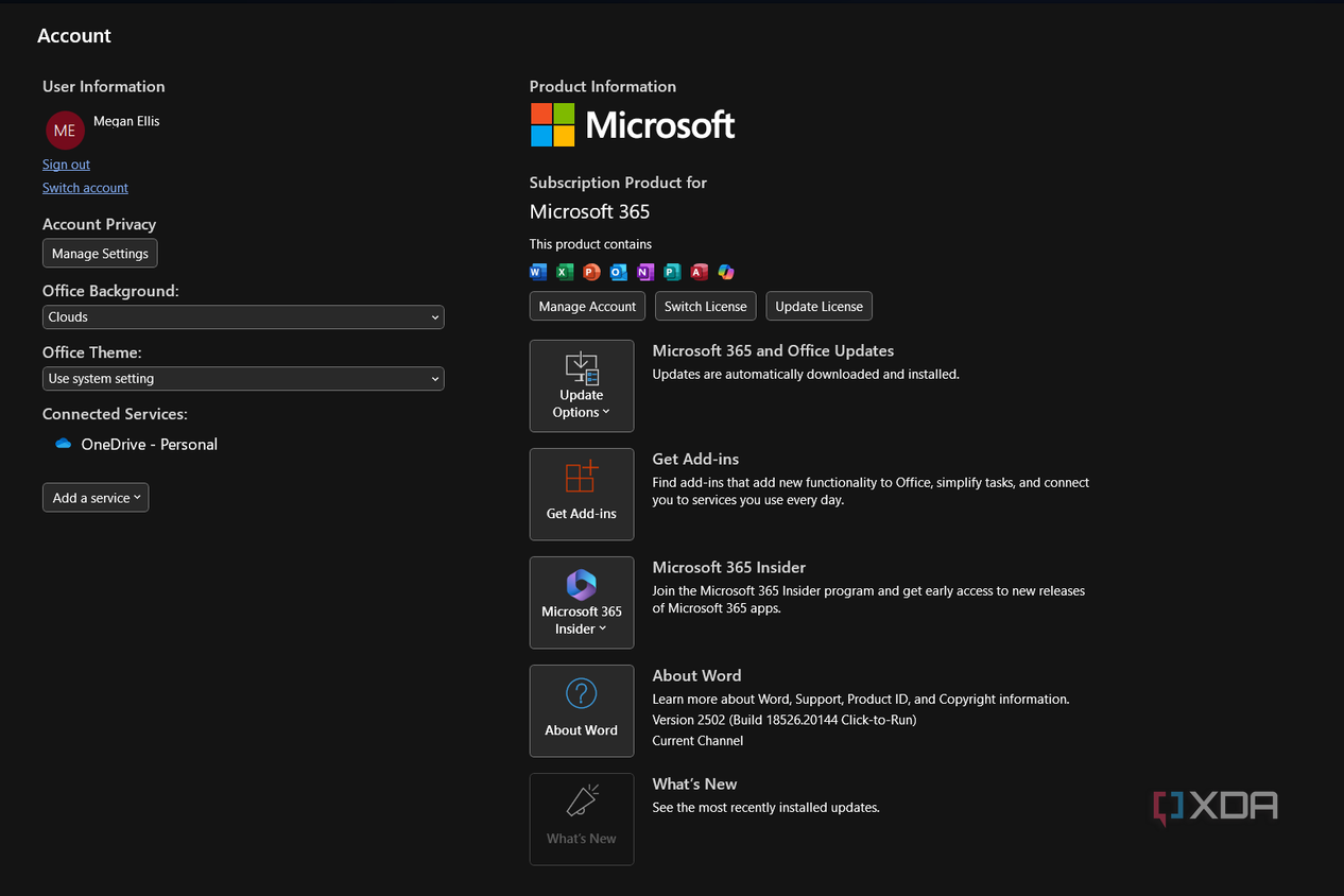microsoft 365 account information in word