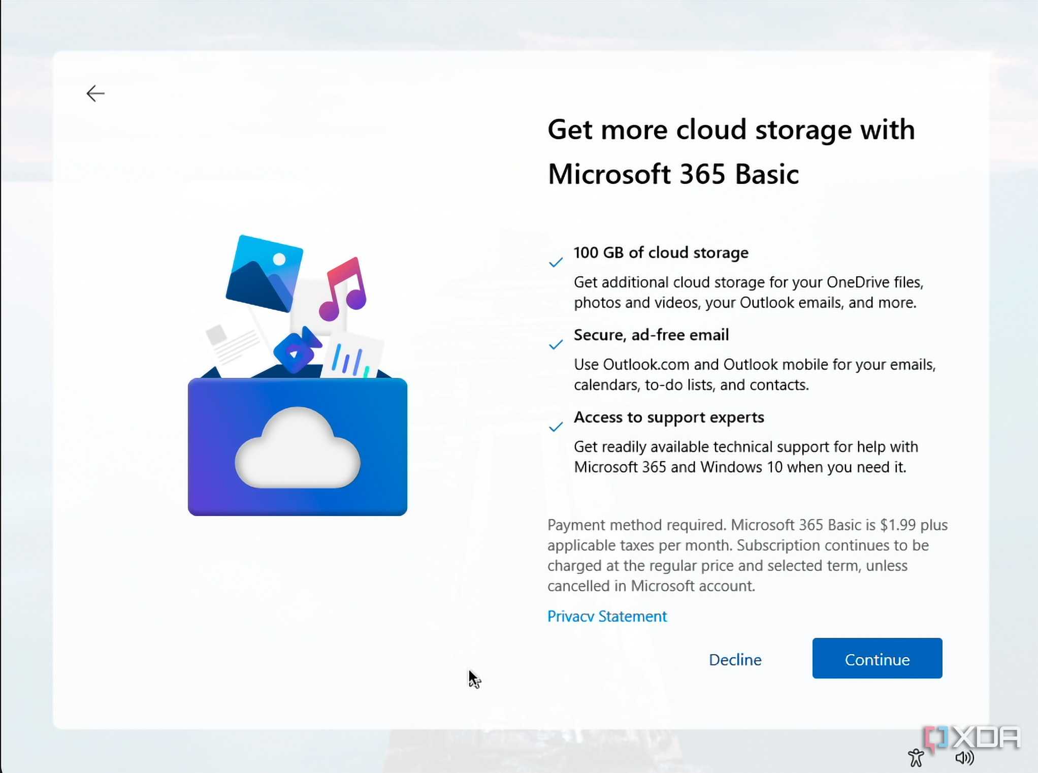 A Microsoft 365 Basic ad shown during the Windows 11 setup process after refusing the first offer