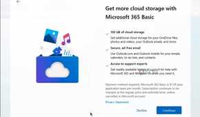A Microsoft 365 Basic ad shown during the Windows 11 setup process after refusing the first offer