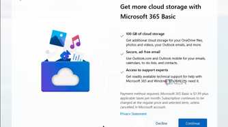 A Microsoft 365 Basic ad shown during the Windows 11 setup process after refusing the first offer